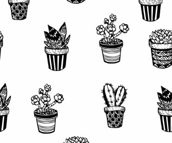 Potted Plants Pattern Black White Vintage Handdrawn Sketch