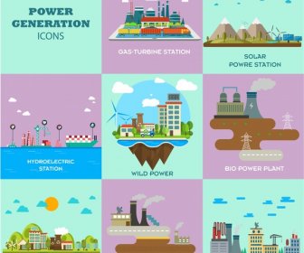 Power Generation Icons Isolated With Various Types