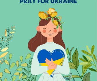 Beten Sie Für Die Ukraine Banner Niedliche Karikatur Mädchen Natur Elemente Dekor