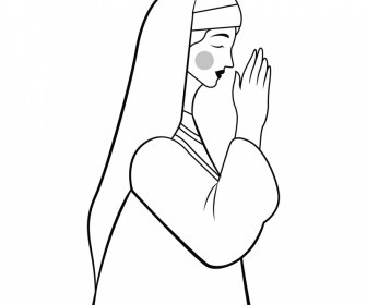 祈る修道女のアイコン黒白漫画のキャラクターの輪郭