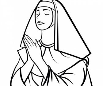 Praying Sister Icon Black White Cartoon Character Outline