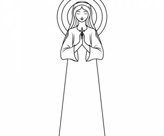 Praying Sister Icon Black White Handdrawn Cartoon Character Outline