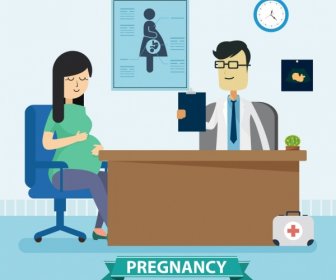 Schwangerschaft Arzt Schwangeren Symbole Farbige Karikatur Zeichnung
