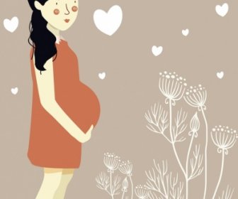 Pregnant Mother Drawing Flower Hearts Decoration Cartoon Design