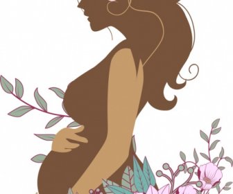 孕婦與花卉剪影彩色剪影