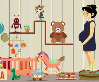 Mujer Embarazada Dibujo Juguetes Habitación Decoración Color Cartoon