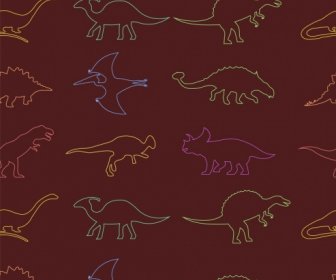 Prehistory Animals Icons Outline Colorful Silhouettes Style