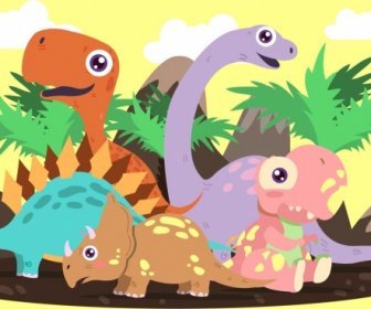 Prehistory Background Dinosaurs Icons Colored Cartoon Design