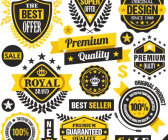 Qualidade Premium Preta Com Amarelo, Etiquetas E Emblemas Vector
