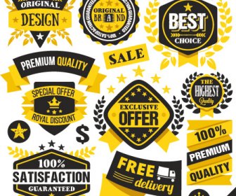 Qualidade Premium Preta Com Amarelo, Etiquetas E Emblemas Vector