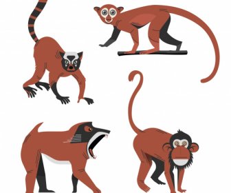 Primate Species Icons Colored Cartoon Character Sketch