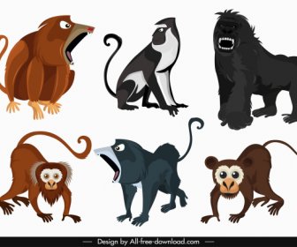 Iconos De Especies De Primates De Dibujos Animados De Color