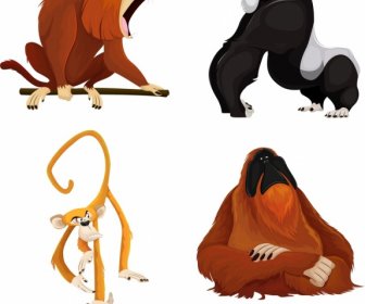 Ícones De Espécies De Primatas Orangutang Gorila Cynocephalus Esboço De Macaco