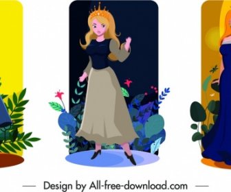 Cartão De Princesa Define ícones Menina Cute Personagens De Desenhos Animados