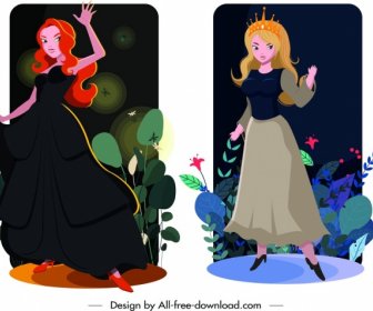 ícones De Garota Elegante De Modelos De Cartão Princesa Cartum Desenho