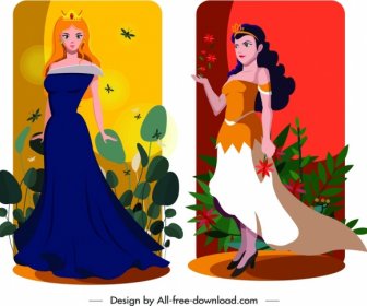 Princess Icons Colored Cartoon Characters