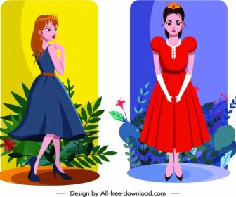Personajes De Dibujos Animados Lindo De Diseño Colorido Iconos Princesa