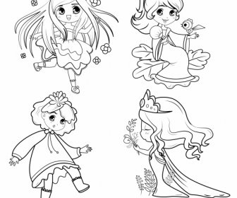ícones Princesa Bonito Menina Esboço Desenho Desenhado à Mão