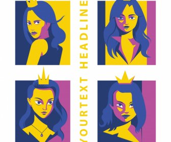 Ikon Putri Wanita Potret Karakter Kartun Desain Klasik