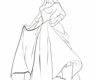 Princess Painting Cartoon Character Black White Handdrawn Sketch