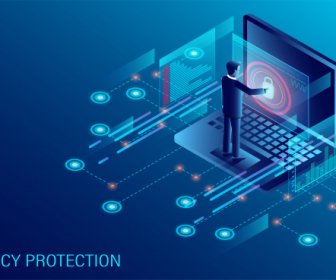 隱私保護和軟體發展與商人站在電腦前與高安全性等軸測網頁和視窗二進位代碼和網站插圖卡通載體