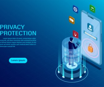 隱私保護概念商人站在移動保護資料和保密性與高安全性平面等軸測插圖