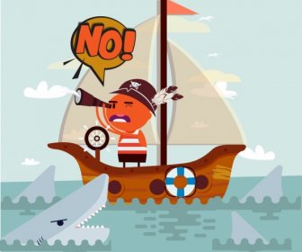 ícones Tubarão Problema Para Navio De Pirata De Fundo De Desenhos Animados