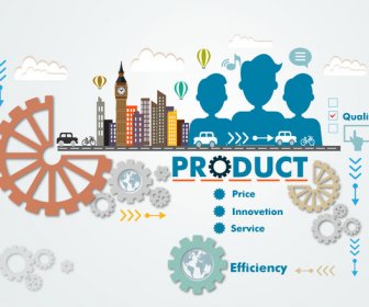 Product Promotion Infographic With Gears And Cityscape Illustration