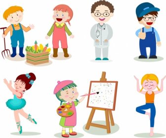 Profession Icons Cute Cartoon Characters Colorful Design