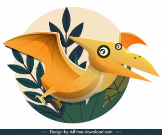 Pteranodon Dinosaur Icon Classic Flat Colored Sketch