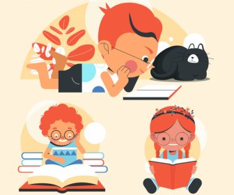 Alunos ícones Crianças Lendo Livros Esboço Personagens De Desenhos Animados