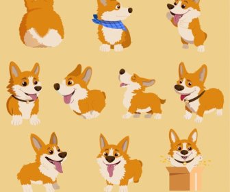 Puppies Icons Collection Cute Colored Cartoon Design