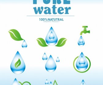 Pure Water Design Elements Blue Droplets Leaf Icons