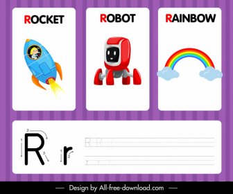 R Alphabet Study Template Rocket Robot Rainbow Sketch