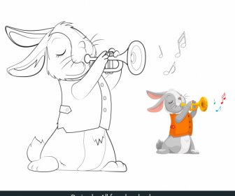 Kaninchen-Ikone Trompete Spielen Skizze Handgezeichnete Cartoon-Charakter
