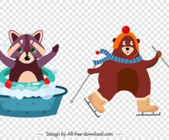 Raccoon Bear Animal Icons Cute Stylized Cartoon Sketch