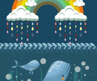 Gotas De Chuva De Nuvem Do Arco-íris Oceano Fundo ícones De Baleia