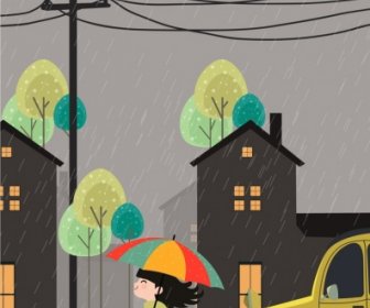 Rainy Sfondo Ragazza Pet Ombrello Icone Di Colore Dei Cartoni Animati