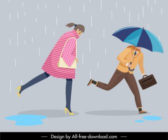 Rainy Day Background Running People Cartoon Characters Sketch