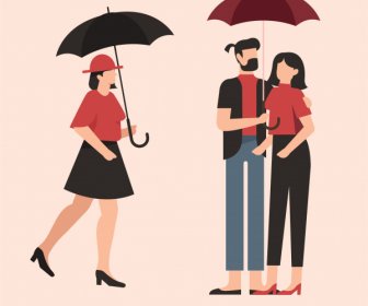 Regenzeit Mode Regenschirm Leute Skizzieren Cartoon Design