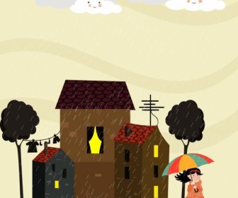 Regenwetter Hintergrund Cartoon Stilisierte Wolke Mädchen Symbole