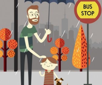 Rainy Weather Drawing Father Son Bus Station Umbrella Icons