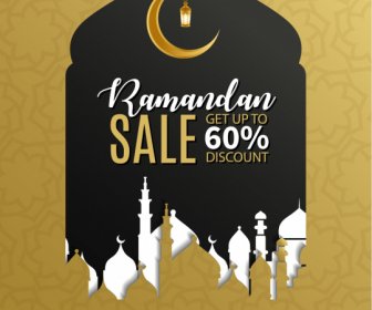 Ramadan Sale Poster Flat Silhouette Paper Cut Mosque Crescent Light Decor