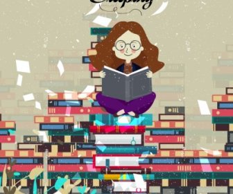 Reading Banner Girl Book Stack Icons Colored Cartoon