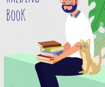 Membaca Buku Banner Manusia Kucing Ikon Berwarna Kartun