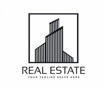 Templat Logo Real Estat Garis Rumah Bergaya Datar Putih Hitam