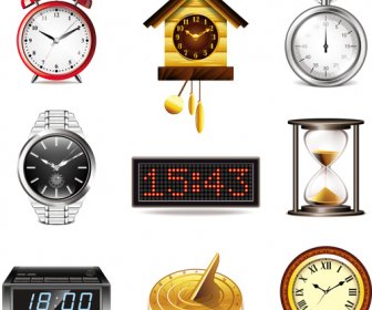Realistic Clocks And Watches Vector Icons Set
