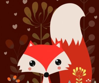 Red Fox In Stile Cartone Animato Le Piante Sullo Sfondo