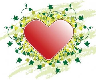 Red Heart On Green Floral Heart Pattern Valentine Vector