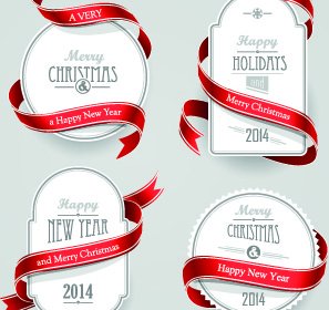 Red Ribbon Christmas Cards Design Vector
